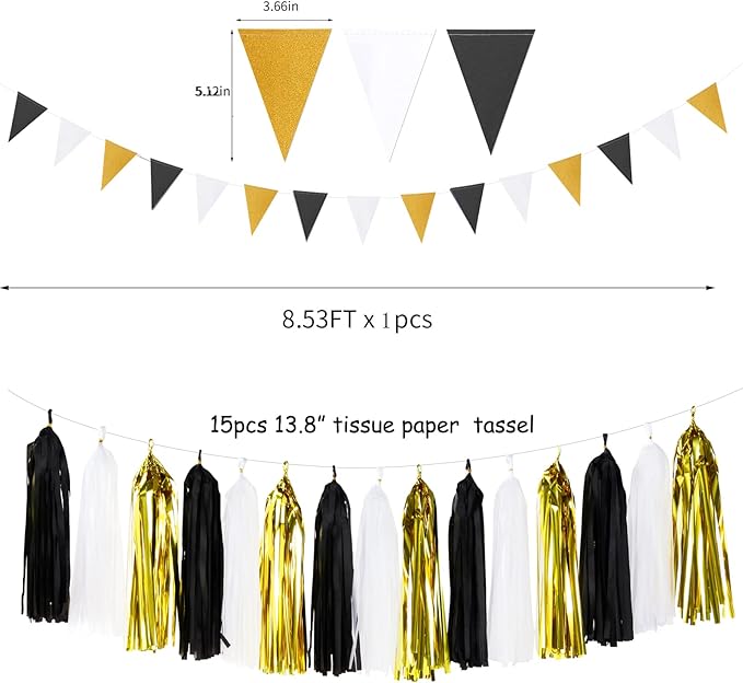Black Gold Graduation Party Decorations - 23pcs Kits Farewell Tissue Pom Poms Flowers,Streamers Banner,Tassel Garland 50th Men Birthday Bachelorette Baby Shower Decoration Bunting Lasting Surprise