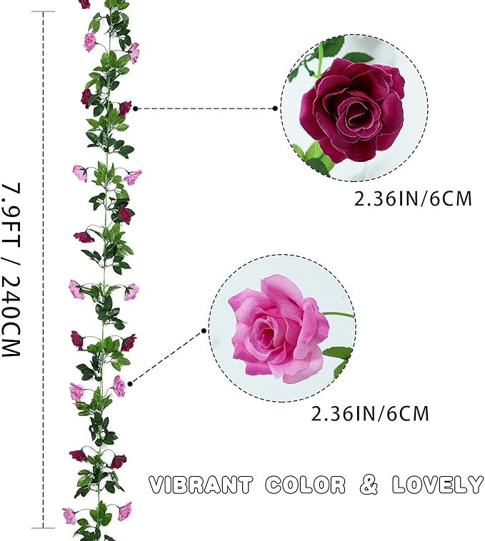 Floweroyal 2 Pack Artificial Flower Garlands 15.8FT Fake Rose Vines Silk Flowers Hanging Rose Ivy for Wedding Arch Party Home Garden Wall Decor (Fuchsia)