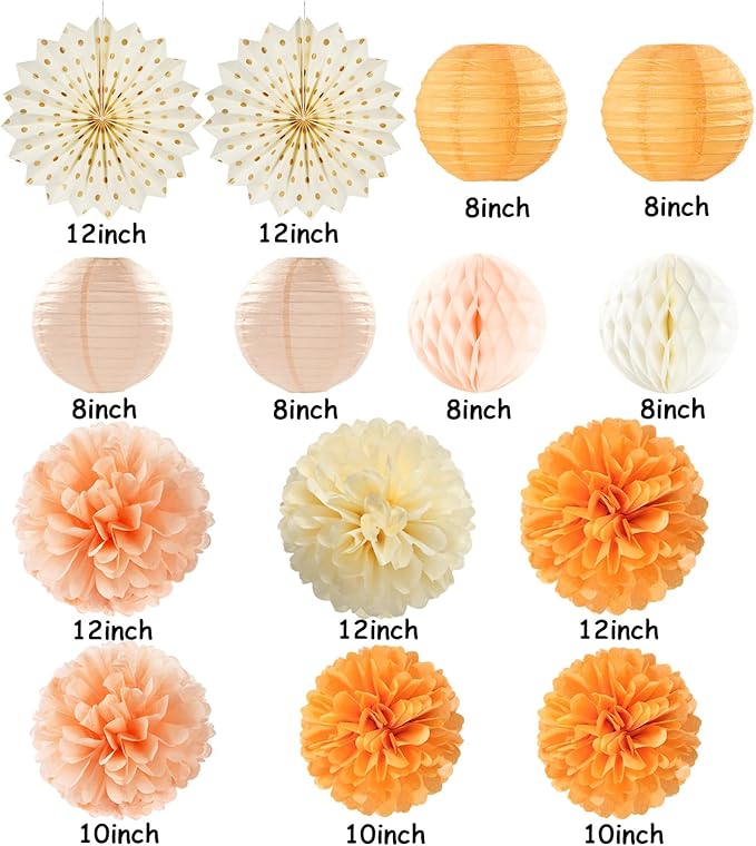 Beige-Orange Peach Fall Party-Decorations Paper-Lanterns- 14pcs Autumn Thanksgiving Harvest Birthday Boho Streamers Fan,Tissue Pom Poms, Baby Bridal Shower Wedding Engagement Decor Lasting Surprise