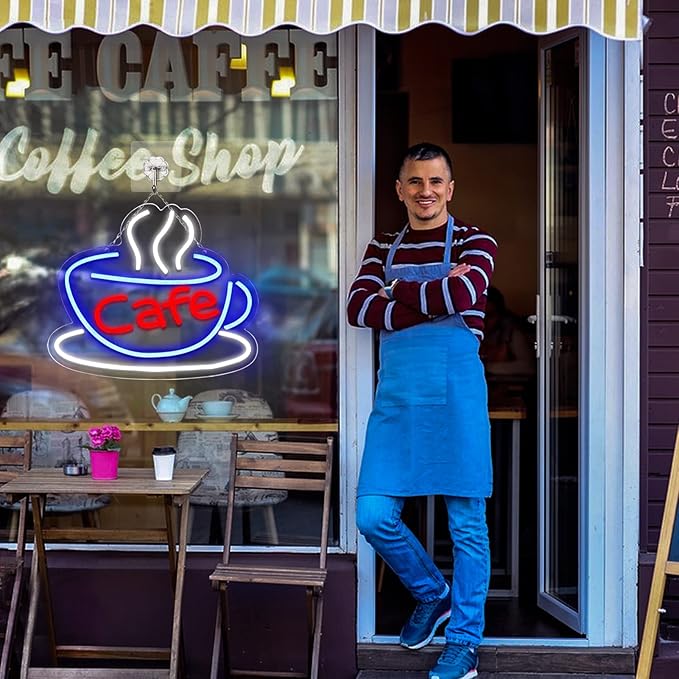 Cafe Neon Sign for Coffee Bar Pub Decor,Blue Wall Art Decoration For Restaurant Living room,Led Light of Cafe,USB Power Supply With Metal Chain.