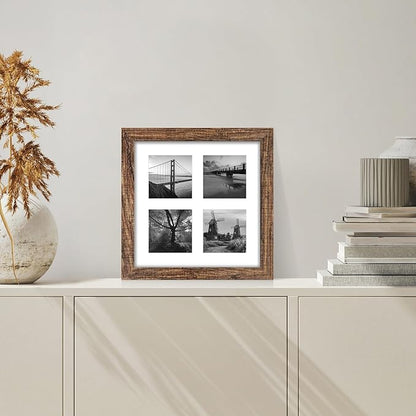 10x10 Picture Frame Set of 2, Real Glass and Rustic Brown Collage Frame, Display Pictures Four Opening 4x4 With Mat or 10 x 10 Without Mat for Wall Hanging or Tabletop