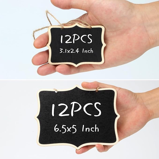 12 Pcs Mini Wooden Chalkboard Signs for Message Board Signs, Mini Chalkboards Hanging Price Tags with String, 6.5x5 Inch Rectangle Chalkboards Message Board Hanging Signs for Party Buffet Food