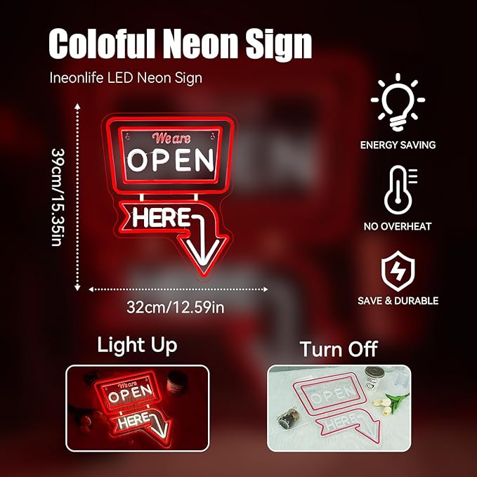 Ineonlife We Are Open Here Neon Sign Dimmable Neon Signs For Wall Decor Led Lights For Bar Man Cave Club Store Hotel Restaurant Coffee Shop Business Decor Gifts USB Powered 12.6x15.35in