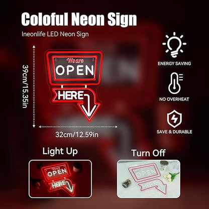 Ineonlife We Are Open Here Neon Sign Dimmable Neon Signs For Wall Decor Led Lights For Bar Man Cave Club Store Hotel Restaurant Coffee Shop Business Decor Gifts USB Powered 12.6x15.35in