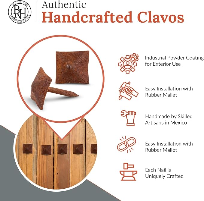 10 Pack 0.75" Square Head Iron Clavos Decorative Nails – Rusted – Handmade Rustic Square Fasteners for Farmhouse Shutters, Faux Wood Beams, Barn Doors, Shutters, and Gates – Ornamental Wood Accent
