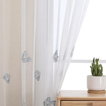 VISIONTEX White Sheer Voile Curtains, Decorative Blue Embossed Butterflies Rod Pocket Window Drapes for Home Kitchen, Living Room and Bedroom 54 x 84 Inch, Set of 2 Curtain Panels