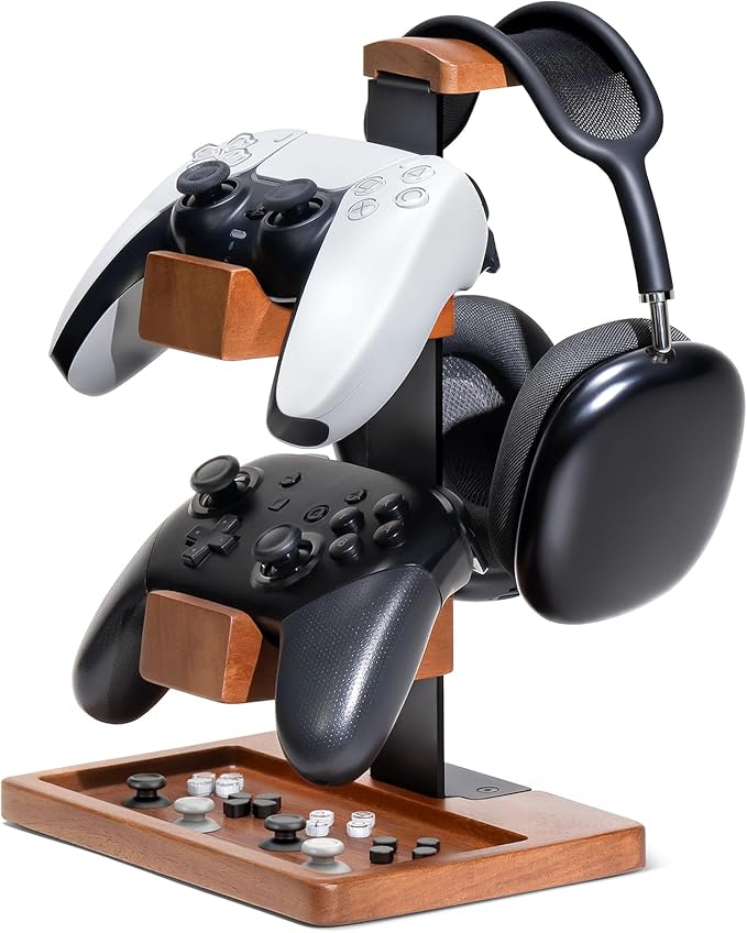 Solid Wood Controller Holder and Headphone Stand, Gaming Controller Stand for Desk, Dual Controller Organizer Rack, Fits Xbox, PS4, PS5, Gamepad, Headset Holder for Son, Husband, Boyfriend