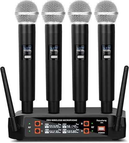 Depusheng DX4 Wireless Microphone, Professional 4 Channels Karaoke Handheld System for Home Karaoke, Meeting, Party, Church, DJ, Wedding, Home KTV Set
