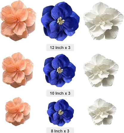 BRT Bearingshui Crepe Paper Flowers Decoration for Wall Total 9 Pcs, Artificial Flowers Backdrop for Wedding Decor Baby Bridal Shower Birthday Party, Navy Blue Coral White 3D Wall Flowers Decor