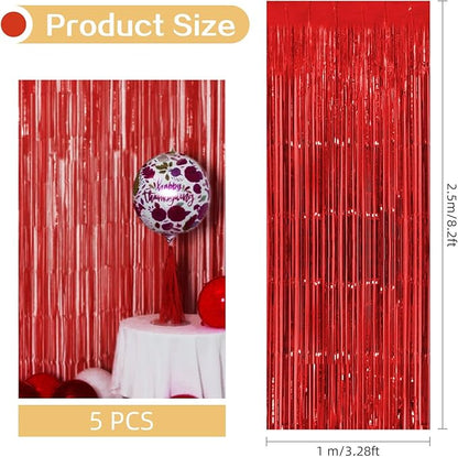 5 Pack Red Fringe Backdrop Curtains 3.2ft x 8.2ft Tinsel Foil Fringe Curtains Tinsel Backdrop Streamers for Birthday Party Decoration Christmas New Year Party Decorations (Red)