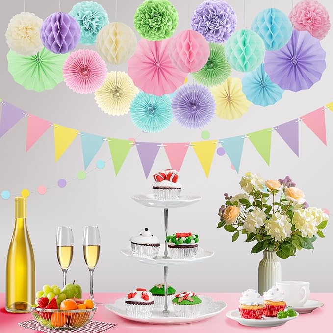 Pastel Party Decorations, 24Pcs Birthday Classroom Baby Shower Decor with Hanging Paper Fans, Pom Poms Flowers Packs for Girls Kids Birthday Rainbow Party, Macaron Carnival Theme Hanging Supplies