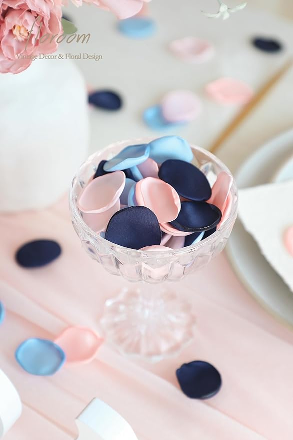 Floroom 300pcs Rose Petals Navy Blue Blush Faux Silk Flower Petals for Wedding Flower Girl Basket Aisle Scatter Dinner Table Centerpieces Party Confetti Bridal Shower Romantic Night Decoration