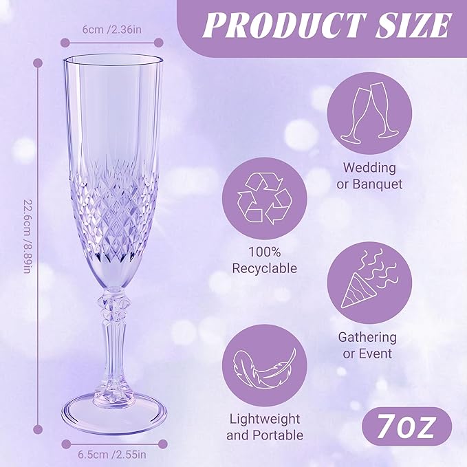 Plastic Champagne Flutes, 24PCS Purple Wine Glasses Goblets Cups Reusable Flute, for Weddings Bachelor Parties Toasting and Events(24, Purple)