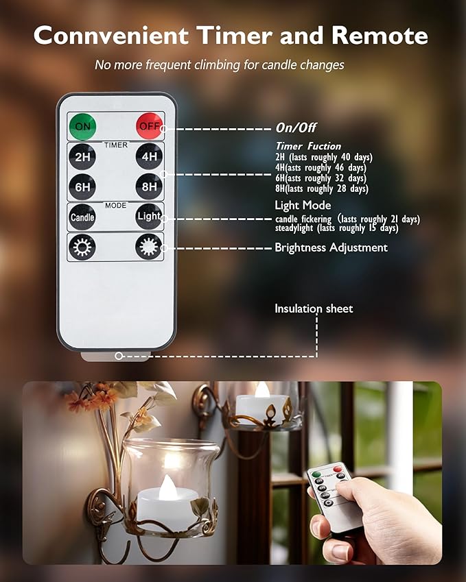 Homemory 12pcs Flameless LED Tea Lights with Remote & Timer, 400+Hours Realistic Flickering Battery Candles for Seasonal, Tabletop, and Centerpieces Decor