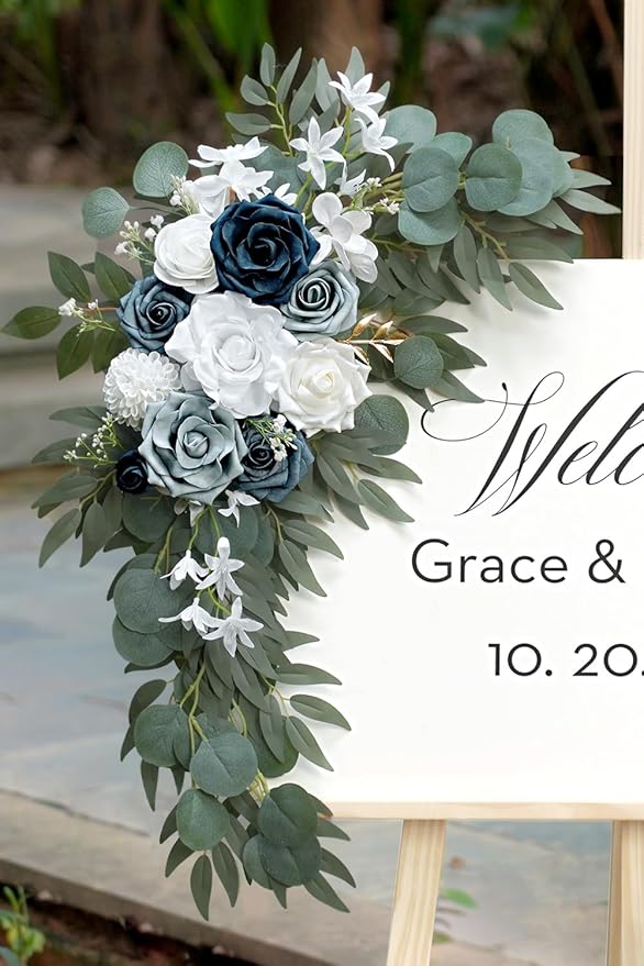 Dusty Blue Flower for Wedding Welcome Signs Decorations, Artificial Wedding Arch Flowers for Wedding Ceremony (Set of 2)