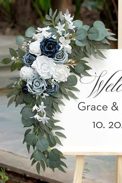 Dusty Blue Flower for Wedding Welcome Signs Decorations, Artificial Wedding Arch Flowers for Wedding Ceremony (Set of 2)