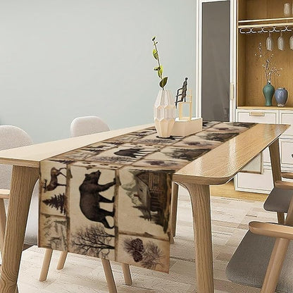 Rustic Cabin Table Runner, Retro Moose Cone Deer Bear Farmhouse Lodge Table Runner for Dinner Living Room Kitchen Vintage Country Cottage 13x70 Inch