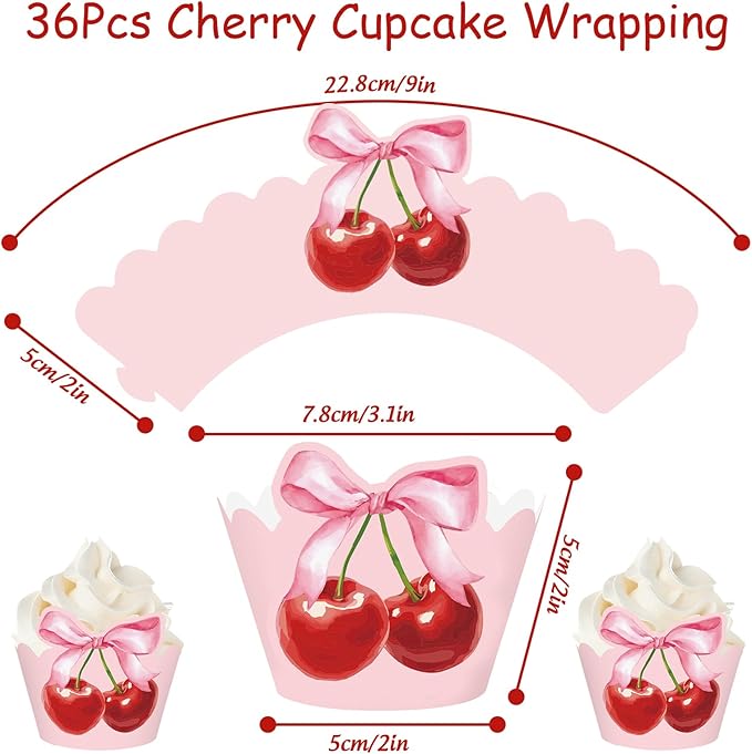 36Pcs Pink Bow Cherry Cupcake Wrappers Pink Red Bowknot Cherry Cupcake Liners Sweet Decorative Dessert Holders for Birthday Baby Shower