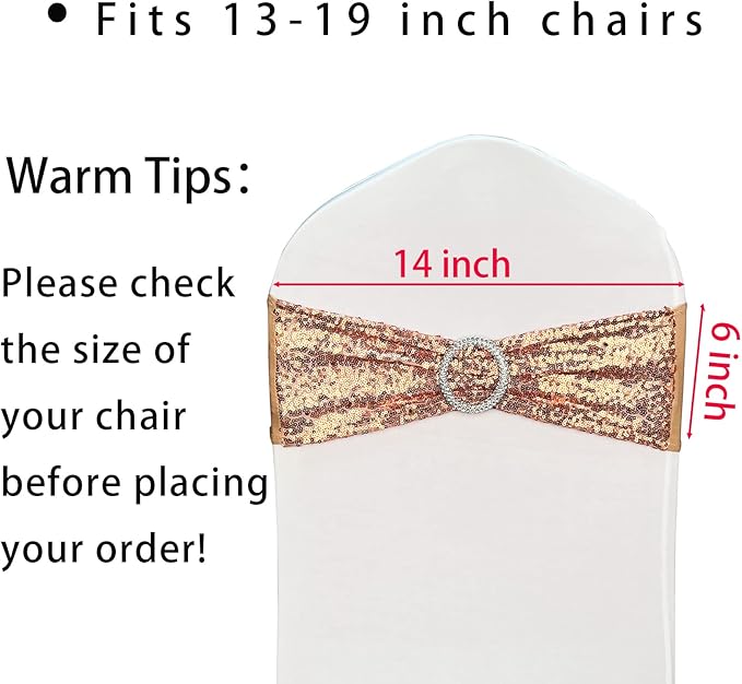 Chair Sashes Sequin Stretch Chair Bands Spandex Polyester Bows for Party Hotel Wedding Banquets Decoration - 6 Pcs Rose Gold