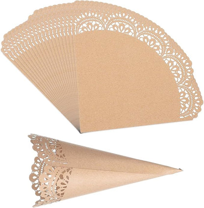 PATIKIL Wedding Confetti Cones, 50 Pcs Paper Tapers Hollow Print Lace Cone Bouquet for Party Candy Gift Boxes Chocolate Bags Buffet Bachelor Party Petals, Brown