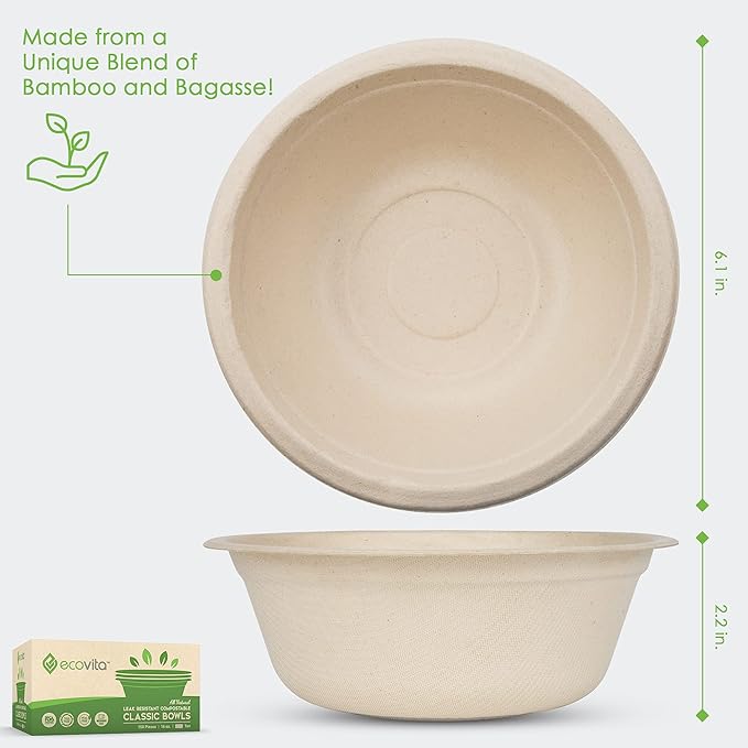 100% Compostable Paper Bowls [16 oz.] – 150 Disposable Bowls Eco Friendly Sturdy Tree Free Liquid and Heat Resistant Alternative to Plastic or Paper Bowls