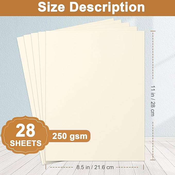28 Sheets Cream Cardstock 8.5 x 11 Ivory Paper, 250gsm/92lb Off White Card Stock Printer Paper for DIY Cards, Business Cards, Invitations, Menus, Certificates, School Crafting