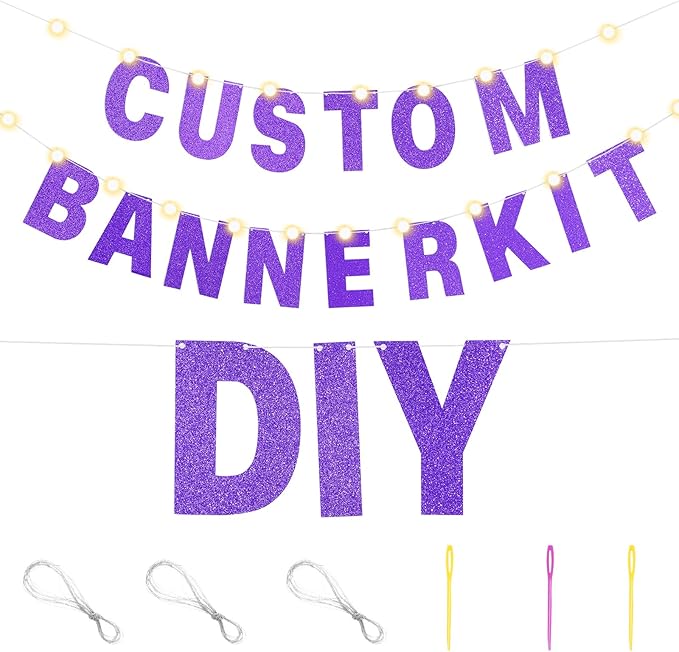 TaoBary 112 Pcs DIY Letter Kit Glitter Customizable Banner Letters Include 107 Letters and Numbers 3 Rope and 2 Needles for Birthday Halloween Christmas Wedding Valentine Party Decor(Purple)