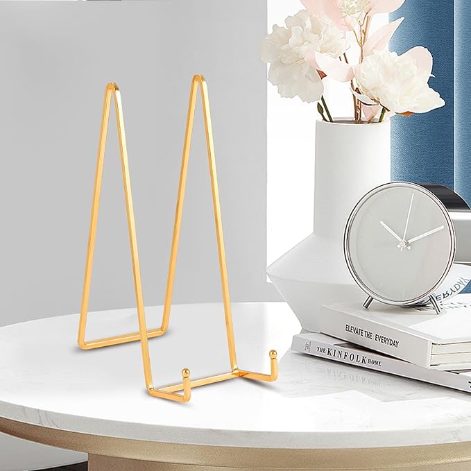 Large Plate Holder Display Stand - 12 inch Super Tall Big Plate Stands for Heavy Duty Display - Metal Picture Frame Stand - Tabletop Easel Stand for Decorative Platter | Plaque | Book - 2 Pack - Gold