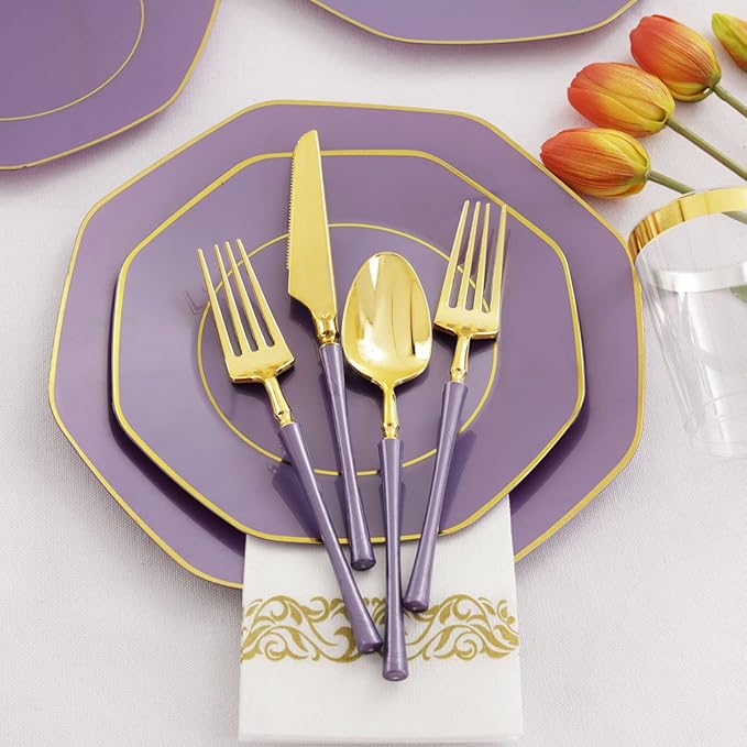 KIRE 140Pcs Purple Plastic Plates with Gold Rim& Gold Disposable Plastic Silverware with Handle&Clear Cups&Hand Napkin- Geometric Purple Plastic Plates for Parties & Mardi Gras plates
