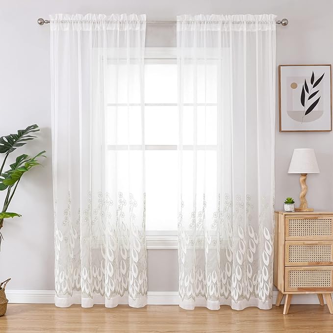 VISIONTEX White Sheer Voile Curtains, Decorative White Embossed Drip Rod Pocket Window Drapes for Home Kitchen, Living Room and Bedroom 54 x 84 Inch, Set of 2 Curtain Panels