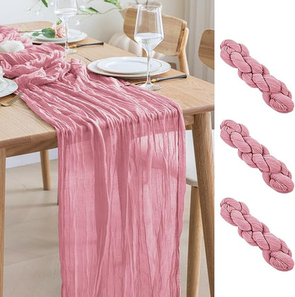 Asee'm 3pcs Cheesecloth Table Runner 120 Inches Long Pink Boho Gauze Cheese Cloth Runner 10FT Rustic Sheer Table Runners for Christmas Wedding Party Baby Shower Spring Easter Decoration