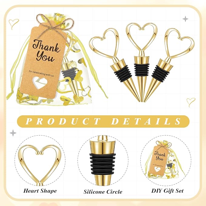 Buryeah 24 Set Wedding Heart Shaped Wine Stopper Party Favors Bulk Beverage Bottle Stopper Wine Cork Love Design Souvenirs for Guest with Sheer Bag Labels Rope Gift for Engagement Bridal Shower, Gold