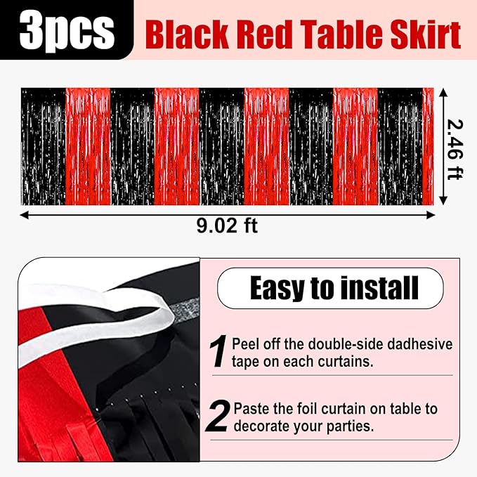 3 Pack 29x108 Inch Black Red Foil Fringe Table Skirts Metallic Banner for Tinsel Streamer Garland Backdrop for Parade Floats Wedding Thanksgiving Birthday Christmas Halloween Party Decoration