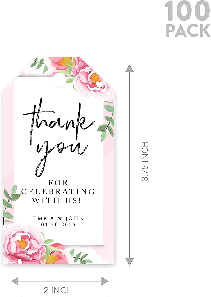 Andaz Press 100-Pack Personalized Thank You Tags with Bakers Twine, Pink Peonies Custom Cardstock Wedding Gift Tags 2 x 3.75-Inches