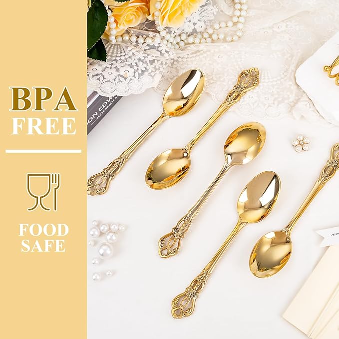 30PCS Gold Plastic Spoons - Gold Soup Spoons Disposable - 8.1 Inch Heavy Duty Plastic Silverware - Heavyweight Elegant Disposable Utensils for Catering, Parties, Dinners, Weddings