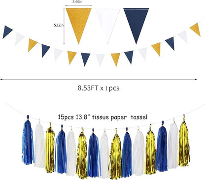 Navy Blue White Gold Party Decoration 23pcs Kits-Paper Flowers,Banner Flags,Circle Banner,Tassel Garland Birthday Bachelorette Boy Baby Shower Gender Reveal Graduation Decorations Lasting Surprise