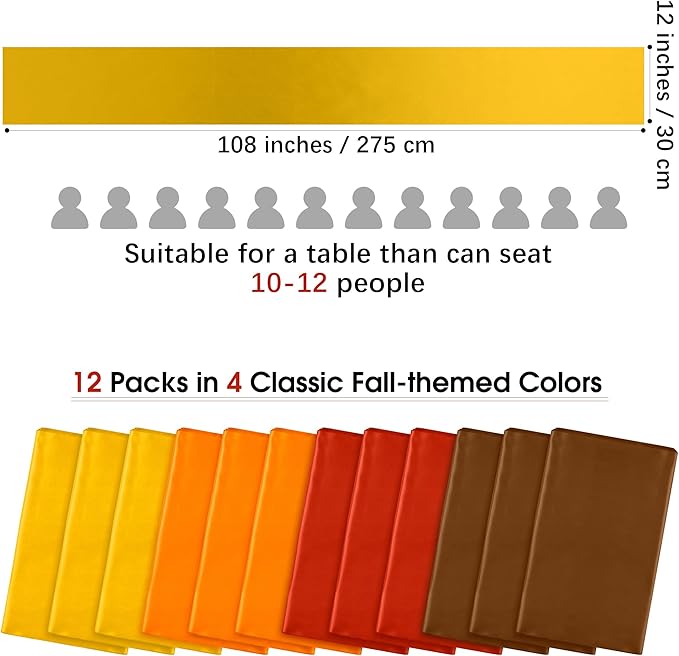 Aneco 12 Pack Satin Table Runner 12 x 108 Inch Fall Autumn Long Wedding Satin Silk Table Runner for Thanksgiving Halloween Party Decoration Wedding Banquet Graduations Birthday