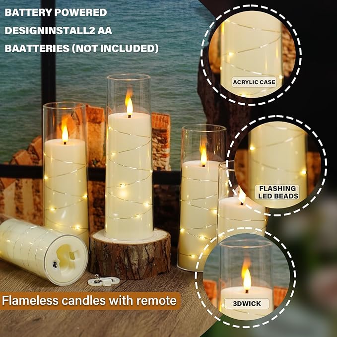 Flickering Flameless LED Candles,Battery Operated Candles 9 Pcs with Embedded Star String,Acrylic LED Pillar Candles with Remote,Suitable for Home Decoration to Create an Atmosphere (Ivory)