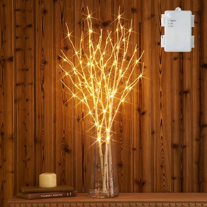 Hairui Lighted Artificial Twig Birch Branch with Fairy Lights 30IN 100 LED Battery Operated, White Willow Branch with Lights for Christmas Holiday Wedding Party Decoration