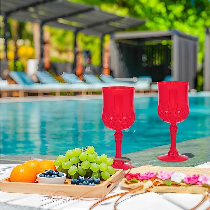 JLYLOL Plastic Vintage Wine Glasses 7OZ Plastic Goblets Vintage Drinking Glasses 48PCS Retro Wedding Glassware Water Goblets Reusable Drinking Cups for Party,Reception,Celebration,Bar,Whiskey(Red)