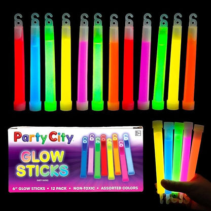 Party City Multicolor Glow Sticks Bulk Pack 6”- 12pk Glow in the Dark Sticks for Kids, Waterproof Camping Survival Ultra Bright Emergency Light Stick with String, Neon Glowsticks Party Supplies Favors