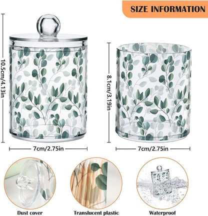 Qtip Holder Dispenser 2 Pack Green Watercolor Floral Leaves Apothecary Jars with Lids Bathroom Vanity Countertop Canister Storage Organizer for Cotton Ball,Swabs,Pads,Floss