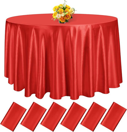fani 6 Pack 120 Inch Red Satin Tablecloth - Premium Bright Silky Round Tablecloth Overlay Smooth Fabric Table Cover, Table Decoration for Wedding Party Banquet Events Restaurant Kitchen Dining