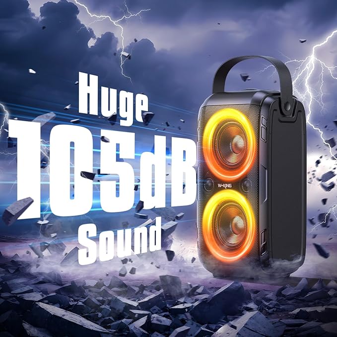 W-KING Party Loudest Portable Bluetooth Speaker Wireless Boom Box, 180W Max Big Large Outdoor Speaker 4 Drivers with 2*4.04'' Subwoofer, 80W HD Huge 105dB Pulse Natur Deep Bass, IPX5/24H/EQ/USB/TF/AUX