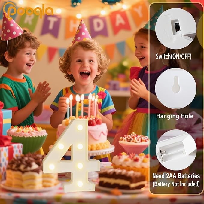 Decorative Led Light Up Number Letters, White Plastic Marquee Number Lights Sign Party Wedding Decor Battery Operated Number (4)