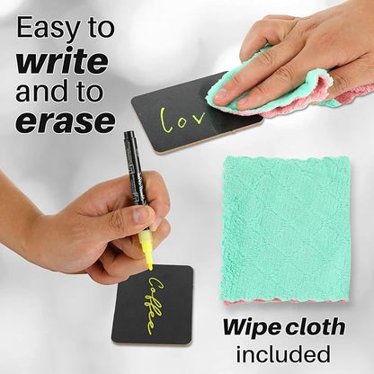 Mini Chalkboard Signs for Food Labels for Party Buffet, Small Place Cards or Name Tags with Iron Stand for Chafing Dish, Mimosa Bar Supplies, Wedding Chalk Board Sign with 2 Pens, 18 Pack Black