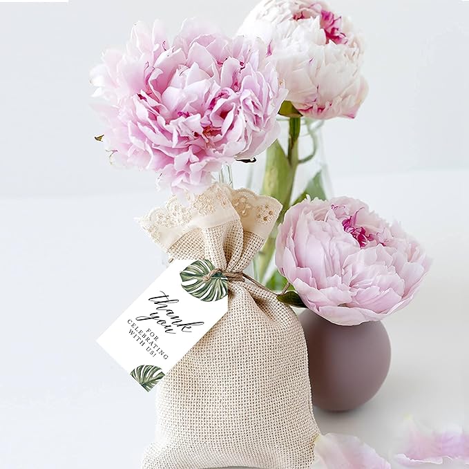 Andaz Press 100-Pack Thank You for Celebrating with Us Favor Tags Tropical Monstera Leaves Cardstock Gift Tags with Bakers Twine for Wedding Baby Shower Bridal Shower Party Favors 2 x 3.75-Inches