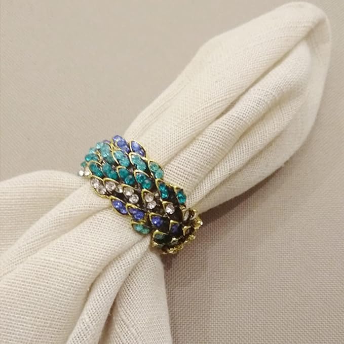 Jeweled Napkin Rings Set of 12 - Vintage Metal Crystal Rustic Peacock Napkin Ring Holders for Wedding Party Holiday, a Beautiful Dinner Table Décor (Multicolor) (12)