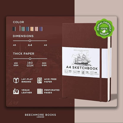 Beechmore Books A4 Sketchbook – 8.5x11 Premium Vegan Leather Bound Large Sketch Book Hardcover with 156 Thick 160gsm Perforated Ivory Pages, Blank Sketch Pad, Gift Boxed, Back Pocket, Ribbon Bookmark