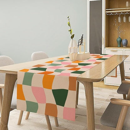 Hippie Table Runner, Vintage Geometric Square Orange Green Pink Grid 60s 70s Style Kitchen Dining Room Decor for Indoor Outdoor Wedding Party Table Runner 13x90 Inch